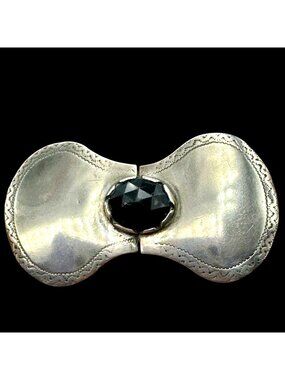 Antique Sterling Mourning Brooch Faceted Black Glass Stone Hinge Pin Signed WD
